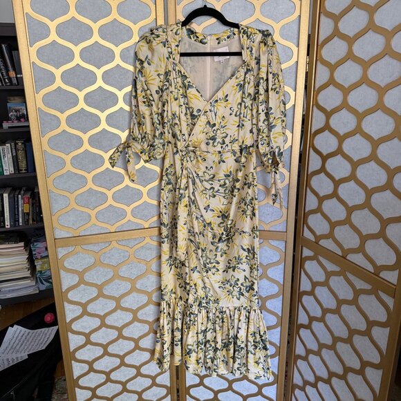 Cinq À Sept Size 4 Multicolor Kerstin Floral Puff Sleeve Ruffle Midi Wrap Dress - Picture 12 of 16